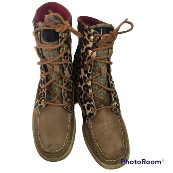 Sperry Hikerfish Brown Leather Leopard Lace Up Ankle Boot Sz 6 9173626 Cheetah - Picture 5 of 11